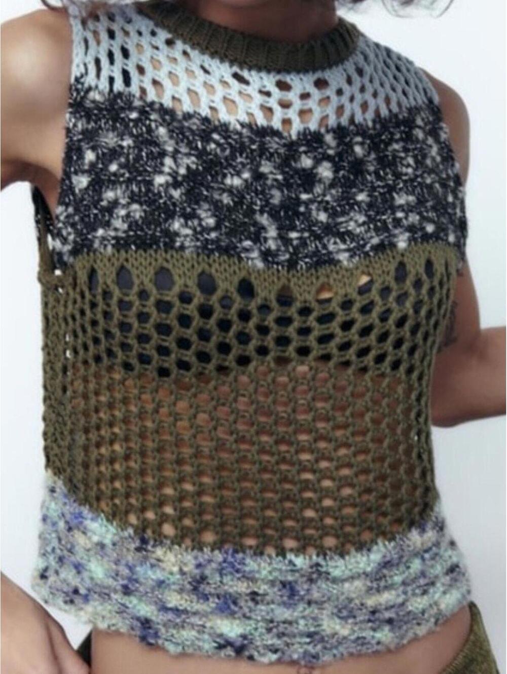 Zara Open Knit Mesh Vest L Green Blue Layering Top